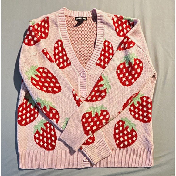 Hot Topic Sweaters - Hot Topic Womens Strawberry Cardigan Pink Red Knit V-Neck Sweater MD 17483717